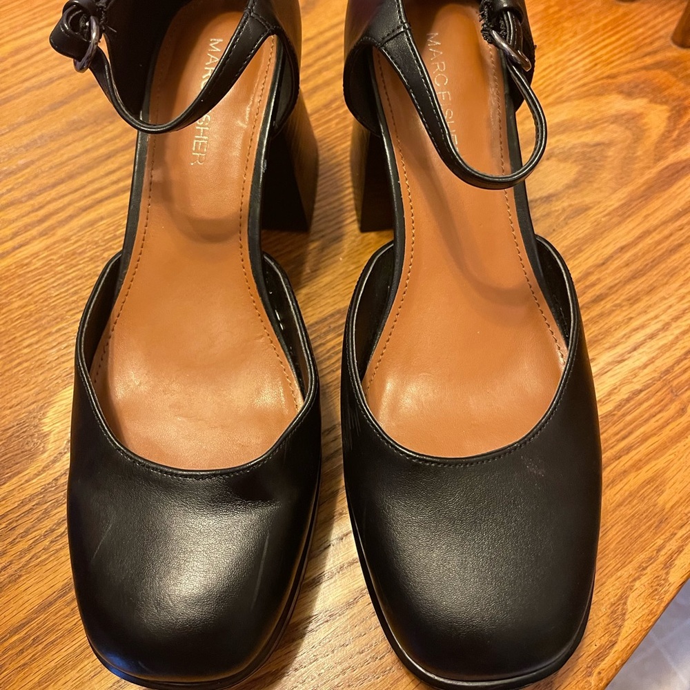 Marc Fisher Black Leather Block Heel Pumps with Ankle Strap